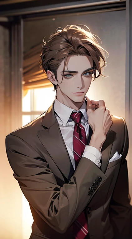 (Highest quality,4K,8K,High resolution,masterpiece:1.2),Super detailed,(Realistic,photoRealistic,photo-Realistic:1.37),1 personld,Mature Men,Beautiful skin、very handsome,Expressionless smile in love,Short gray brown hair,green eyes,Sharp Eyes,A perfect face without a doubt,Businessman, CEO, Office Background,Cinema Lighting,HDR image,tie、