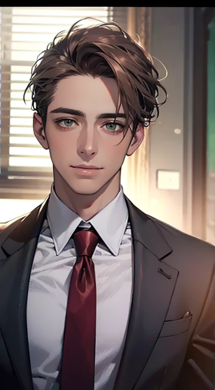 (Highest quality,4K,8K,High resolution,masterpiece:1.2),Super detailed,(Realistic,photoRealistic,photo-Realistic:1.37),1 personld,Mature Men,Beautiful skin、very handsome,Expressionless smile in love,Short gray brown hair,green eyes,Sharp Eyes,A perfect face without a doubt,Businessman, CEO, Office Background,Cinema Lighting,HDR image,tie、