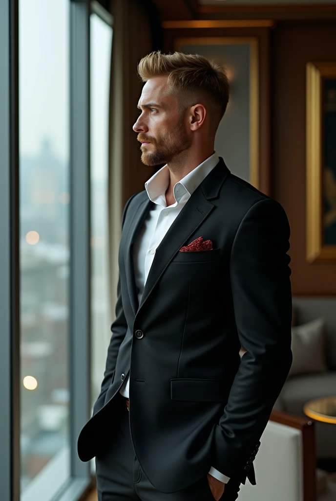 a Russian man, aesthetically beautiful body because you train at the gym, short blonde hair with a slight quiff, with short social beard, wearing a slightly tight suit, millionaire in his office standing looking sideways through the glass of his office