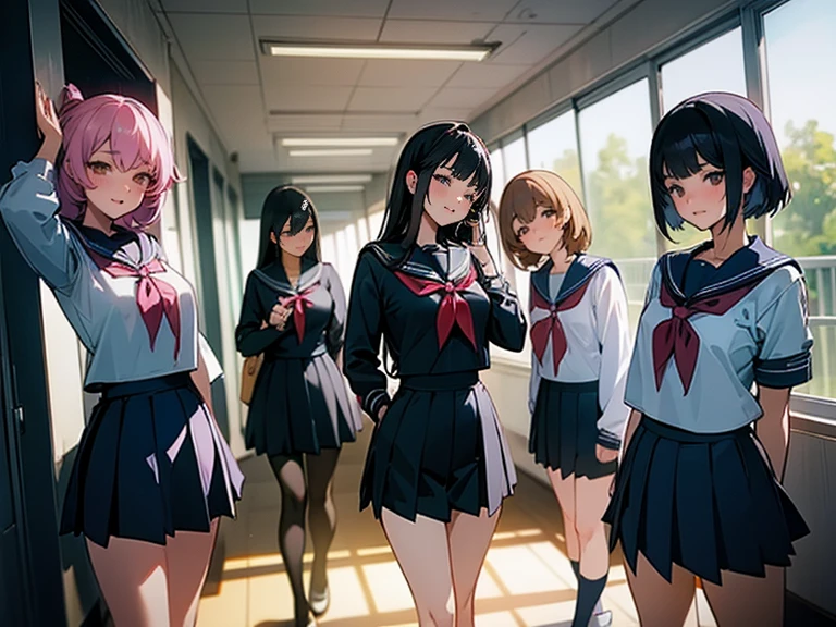 4girls, sexy serafuku, evil smile, bullys, school hallway, natural light, detailed, sexy poses, standing, pride