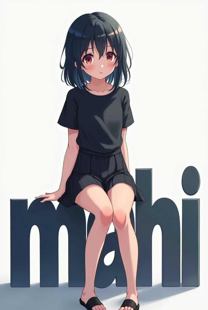 a anime style girl wearing black tshirt, and black skirt. she has a black hair. and she sitting on the large text "MAHI".