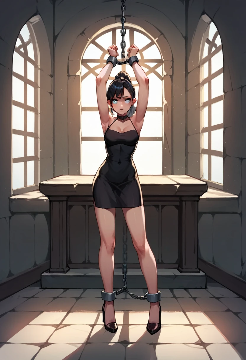 score_9, score_8_up, score_7_up, score_6_up, score_5_up, score_4_up, source_anime, 1girl, worth, black hair, ponytail, white eyes, w-w-chain, shackles, shackle your hands, black dress, skirt, brown thigh high heels, heels, dungeon, best quality, best res, 4K UHD, details,