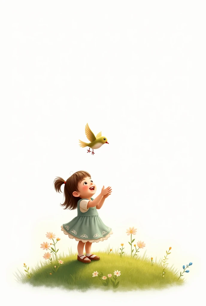 white background,liitle girl standing on grass,rais her hands to little bird,little bird flying,cute frock wearing girl,smilling face