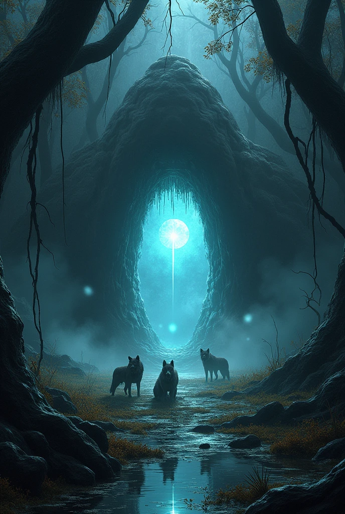 create an image of a cave in a swamp, guarded and protected by wolves where there is a portal inside
