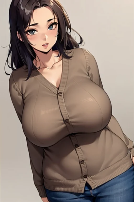 (best quality), (masterpiece), 1 girl, early 20's, huge heavy breasts, busty, massive breasts, thick, thick lips, wide hips, thin waist, argyle cardigan