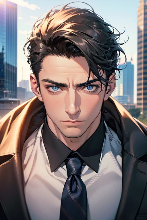 (Best Quality,4k,8k,high resolution,Masterpiece:1.2),ultra detailed,(realist,photorealist,photo-realist:1.37),1 man,31 years,mature man,very handsome,without expresion,muscled body,short gray black hair,Blue eyes,glare,perfect face without mistakes,imposing posture,businessman,office background,cinematic lighting,imagen HDR