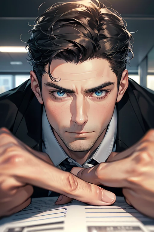 (Best Quality,4k,8k,high resolution,Masterpiece:1.2),ultra detailed,(realist,photorealist,photo-realist:1.37),1 man,31 years,mature man,very handsome,without expresion,muscled body,short gray black hair,Blue eyes,glare,perfect face without mistakes,imposing posture,businessman,office background,cinematic lighting,imagen HDR