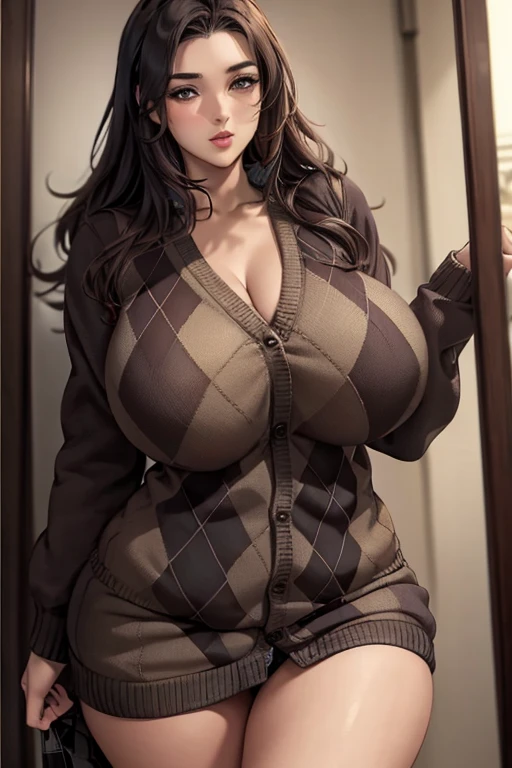 (best quality), (masterpiece), 1 girl, early 20's, huge heavy breasts, busty, massive breasts, thick, thick lips, wide hips, thin waist, argyle cardigan