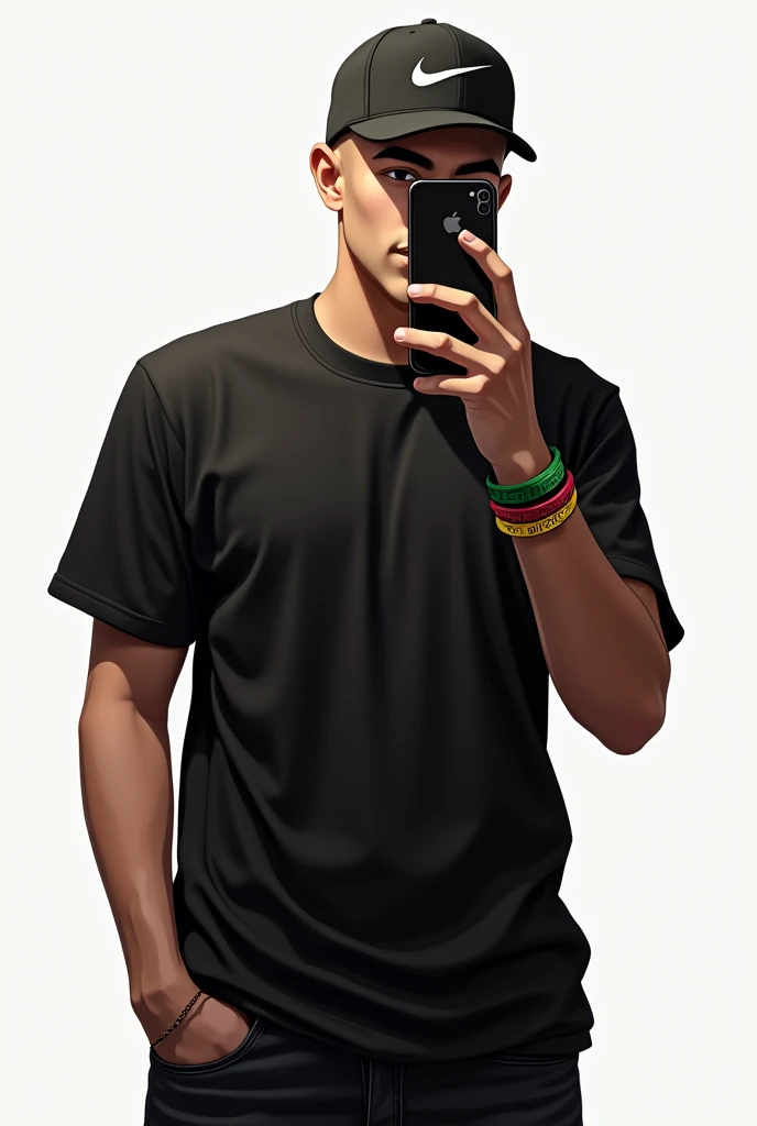 Realistic image of a young man taking a selfie with a cell phone, nike logo curved brim cap, black loose shirt, shaven hair, black jeans, three color bob marley bracelet. The cell phone covering his face.