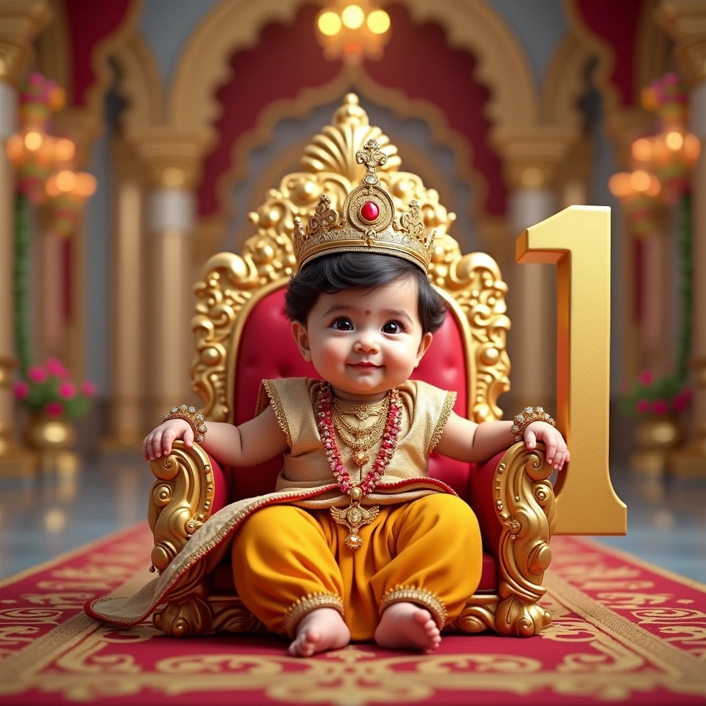 A realistic image of a cute  indian baby boy as a Princg on a throne, in very big and beautiful house and in house there are all around gold , little smile with lips closed wearing a crown and an indian royal attire and he is very very beautiful and gorgeous and besides him is a large size '1' cutout , indicating that its his first birthday. Bright, bold and colorful image, Flower garlands can be seen hanging from the palace archs, seems like a celebration time in the palace