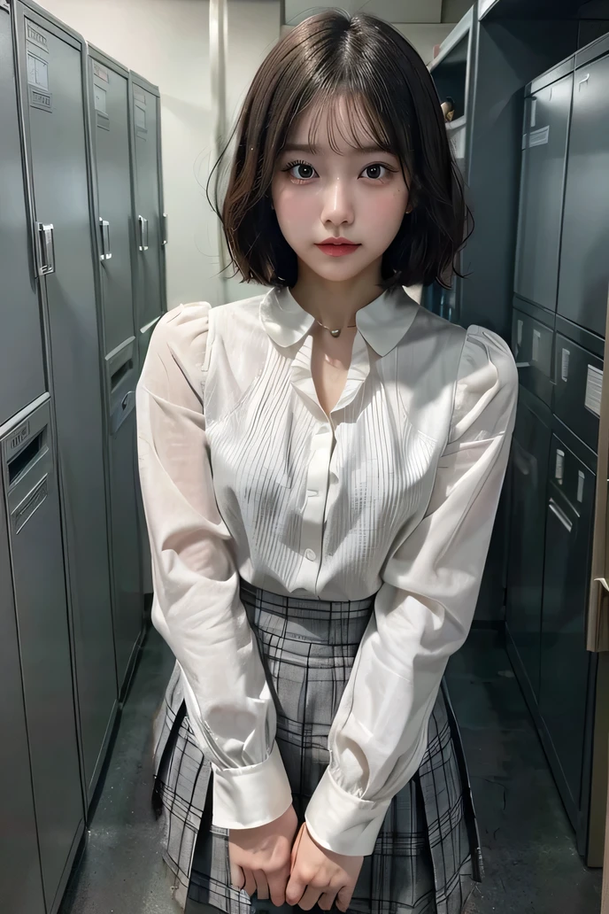 She is wearing a white blouse with long sleeves and a collar、wearing a gray pleated skirt、Wearing a grey suit、Short Hair