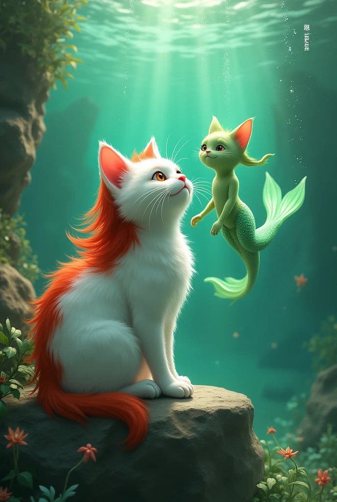 A cute white cat with red hair and a tail. A dark green mermaid with no legs.