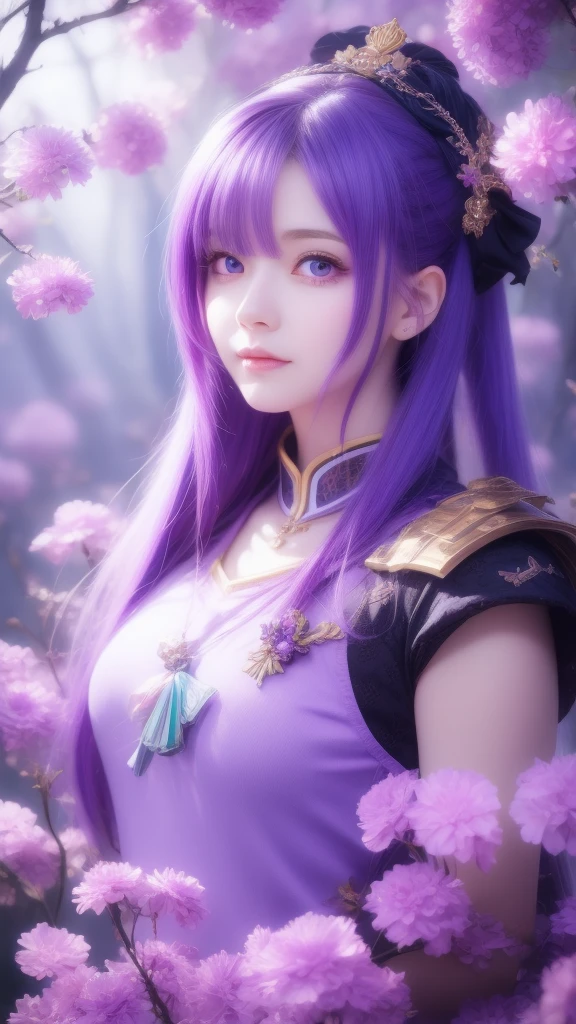 Purple hair and purple eyes、Anime character wearing purple clothes, Ayaka Genshin Impact, [[[[smile wickedly]]]], Akasuki Void Star, Onmyoji portrait, Hajime Yatate, Anime Moe Art Style, Portrait of a girl in the Knights of the Zodiac, Keqing of Genshin Impact, Ayaka Games Genshin Impact