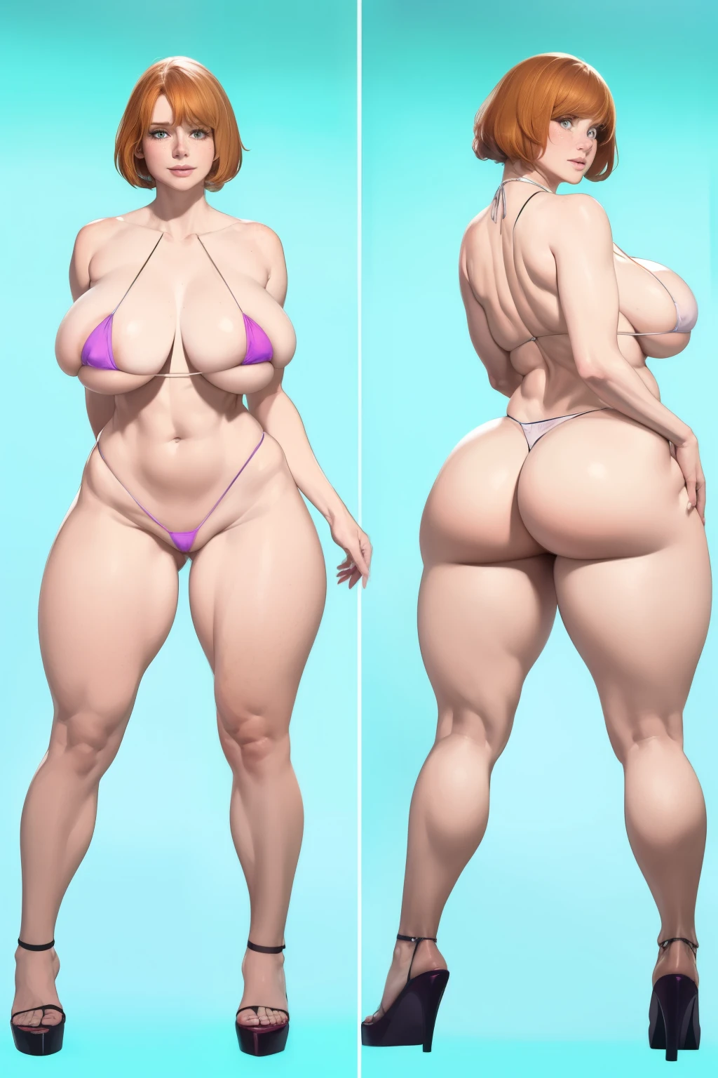 Ultra-realistic 8K CG,flawless face,impeccable perfection,wide hip, Waist slender, thick thight,tight tiny transparent white micro bikini,Standing on the floor,freckles,huge tit,Breasts huge,Um sagging chest,Legs long,Scrawny,being thin,sagging chest,revealing breasts,show ass, show full body from head to toe.