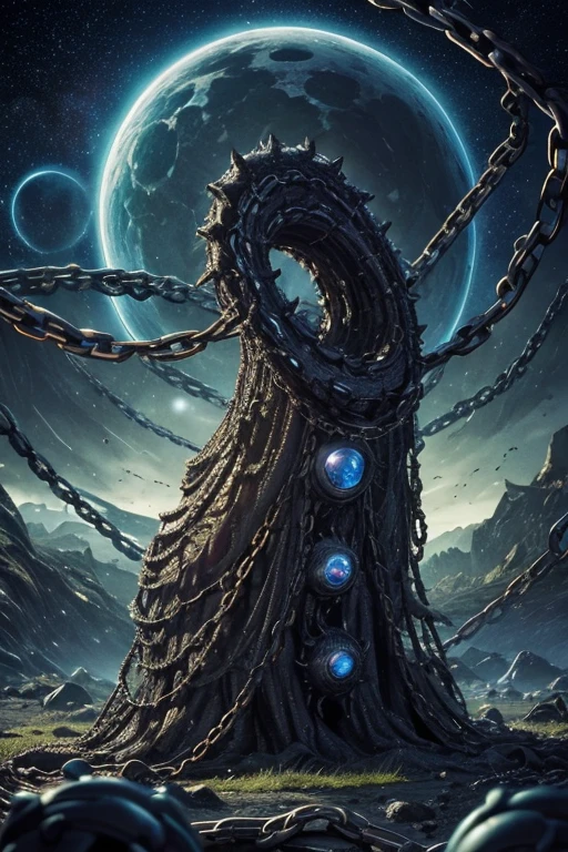 Chain monster, amorphous chain of monstrous colors ,chain creature with chains and many mouths, Azathoth
masterpiece,Highest quality,8k,High resolution,
Fantastic,scary,horrific,
Please draw a Azathoth chained up by chains from ?.P. Lovecraft. shapeshifting monster of viscous slime that is chained chain with tendrils. chain monster in the center of the universe, planets are chained ltogether. dark green cloudy sky, madness of chains, chain bubbling and pulsating. People covered by the chains. Monster chain.