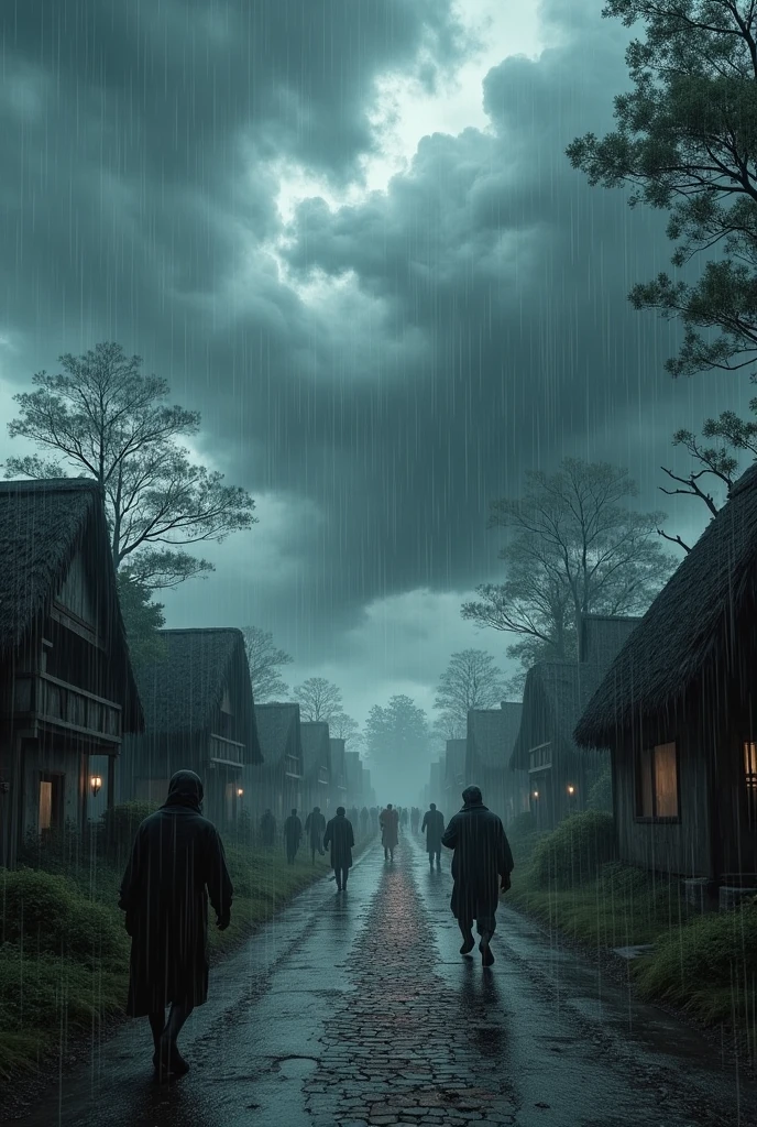 Fierce Storm**: Dark, swirling storm clouds with heavy rain and strong winds impacting the village.