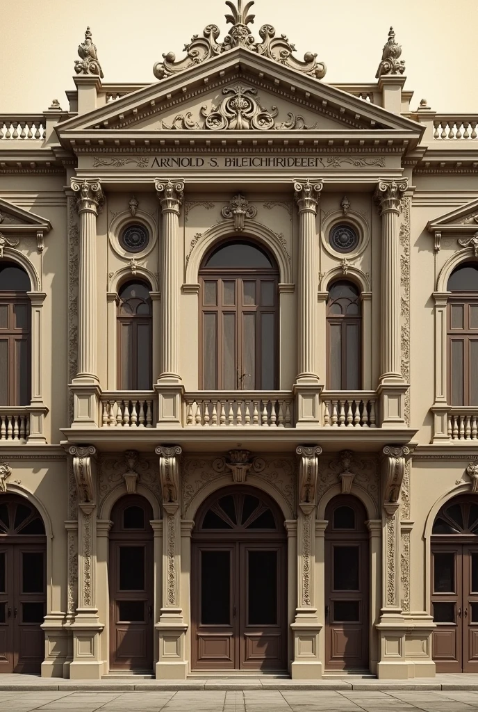 generate a old building with name on top writen “arnhold and s bleichroeder” on the board front view without sky 