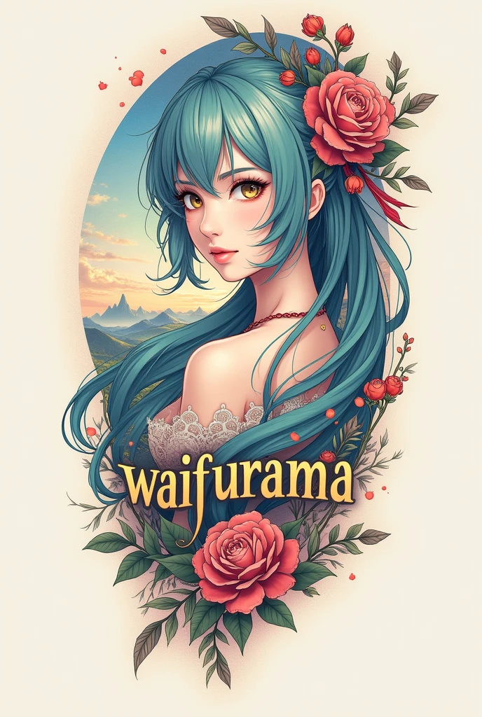 tattoo design that reads "waifurama", genshin impact style