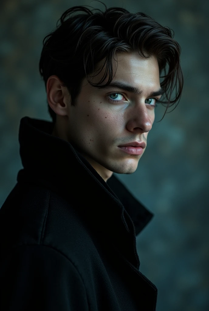 ((a man of 30, wearing gothic clothes with blue eyes, look like Andy Black))