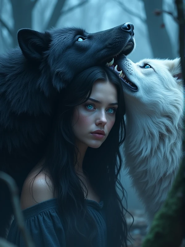 (photorealism:1.2), beautiful woman, long wavy black hair, blue sapphire eyes, she is in the middle of big wolves fighting angry, one is black like the night and the other is white pure, night forest background with full moon, cool undertones, realistic photography, realistic imagen.