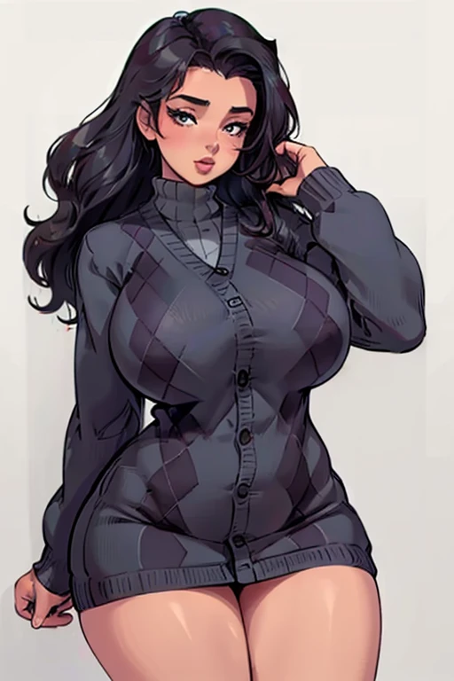 (best quality), (masterpiece), 1 girl, early 20's, huge heavy breasts, busty, massive breasts, thick, thick lips, wide hips, thin waist, argyle cardigan