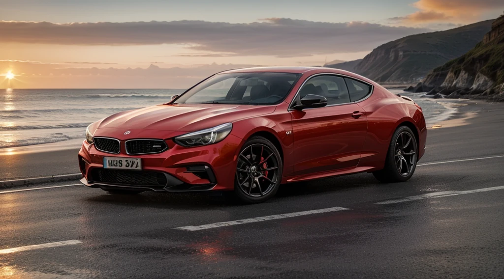 best quality, 8k, shiny skin, high resolution, red car on sea side road at sunset, sharp focus