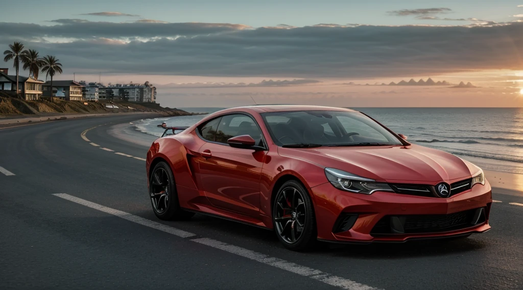 best quality, 8k, shiny skin, high resolution, red car on sea side road at sunset, sharp focus