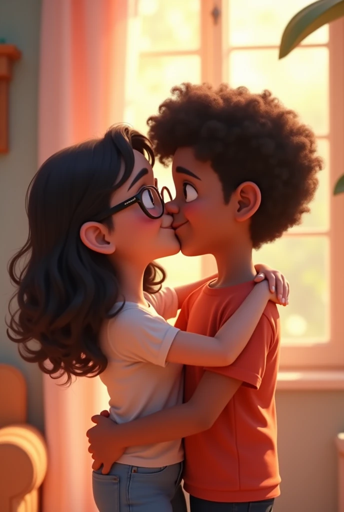 Make a Pixar cartoon style image where there is a white skinned person, Venezuelan woman with curly black hair down to her shoulders who wears glasses hugging and kissing on the mouth with her eyes closed a curly man with brown hair and white skin, and they are both agers