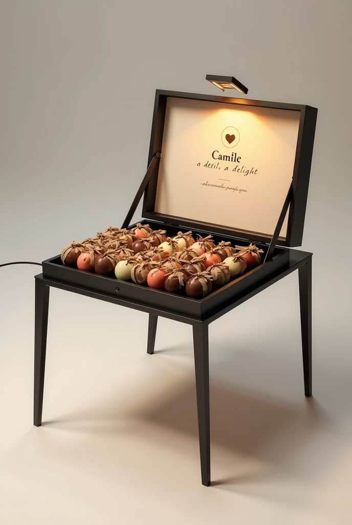 Create an image of a minimalist table with the small board I will specify better for you, I want the board to be 25 centimeters wide and 35 centimeters long. and I want the height to be 90 centimeters. I want the support or base that holds the board to be 4 very thin legs.
The board has a 90-degree opening lid with a simple black frame., On the top middle part of the cover there are some letters that say "Camile" It is a logo and its slogan is "a detail, a delight" And on the board there are 30 units of chocolates of different colors wrapped in kraft paper and each one tied with a brown bow and the wrapper is printed with a black heart on the front.. The table has built-in lights that allow you to see the chocolates in a beautiful way and the lights work with batteries.. And finally I want the whole design to be very thin and light.