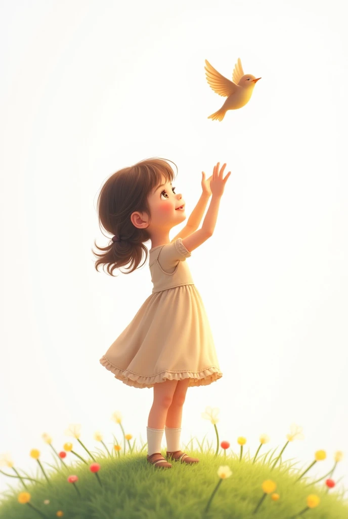 white background,liitle girl standing on grass,rais her hands to little bird,little bird flying,cute frock wearing girl,smilling face