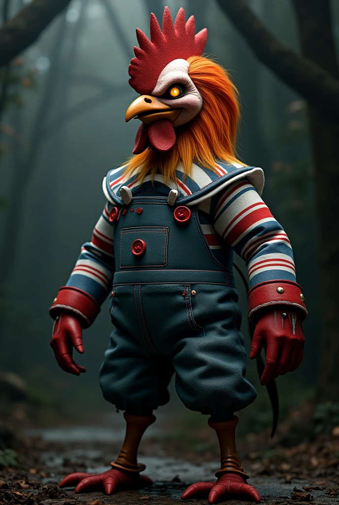 A rooster dressed as Choki the evil doll