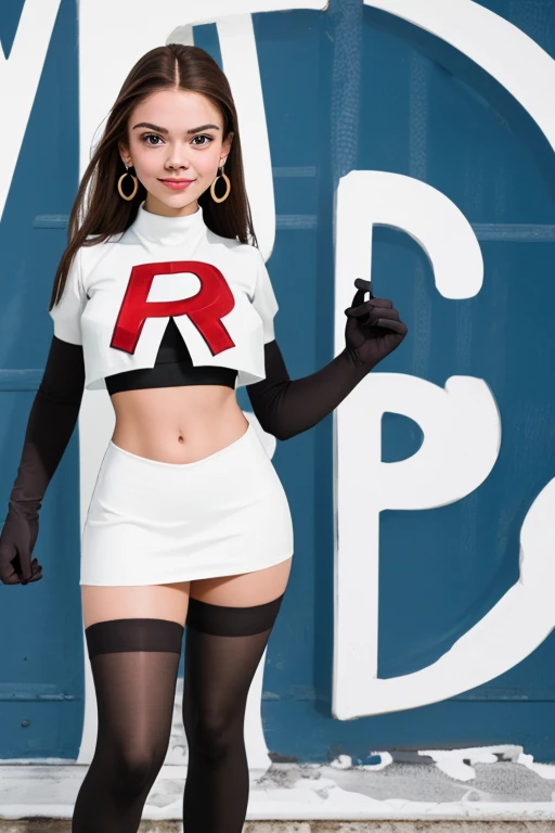 The face of Olivia Rodrigo, 1girl, solo, team rocket,team rocket uniform,white skirt,red letter R,crop top,black thigh-highs,black elbow gloves, earrings, large breasts,