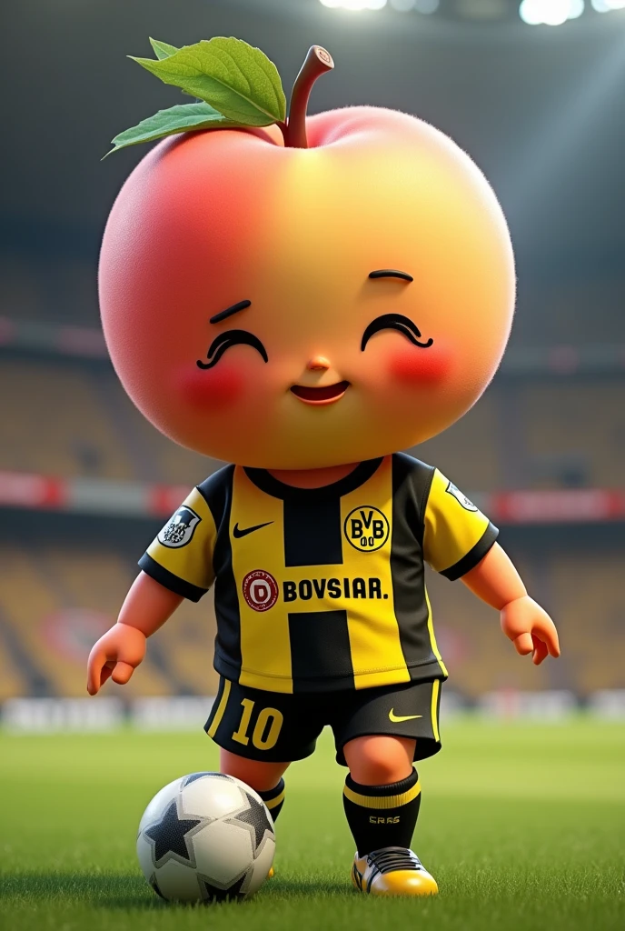 I want a peach mascot that represents soccer football with a Borussia Dortmund uniform 