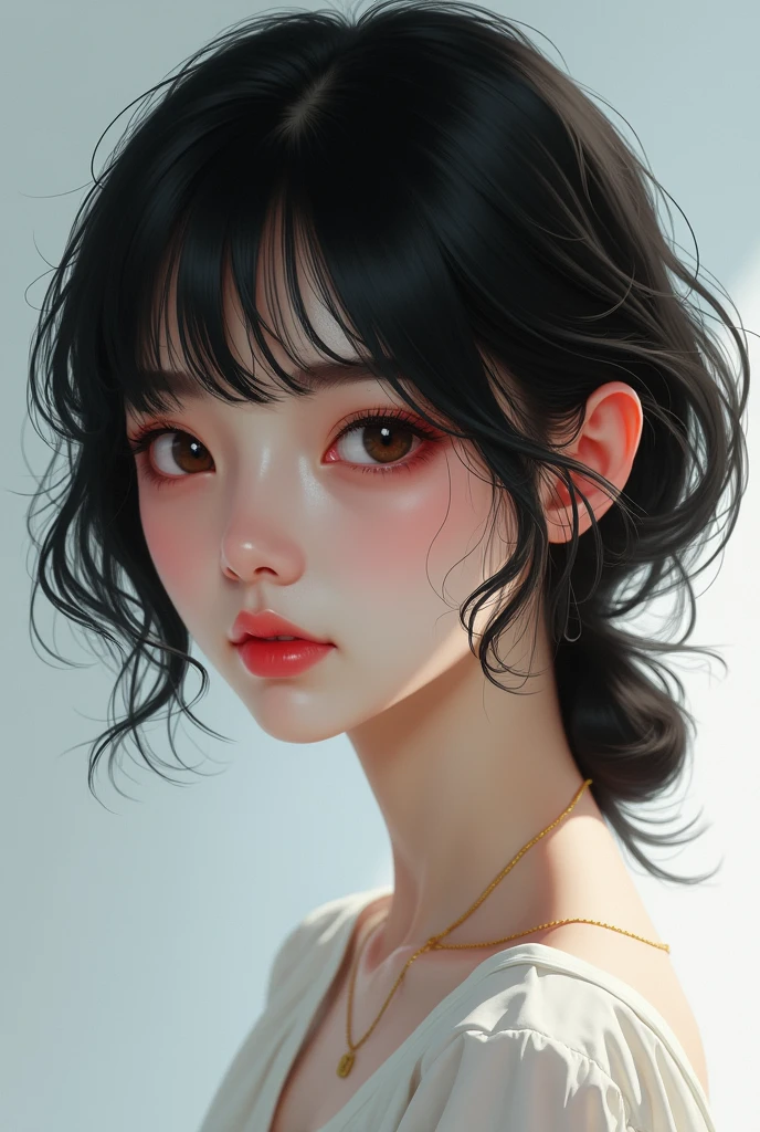 Digital art make a woman with a round face , Medium long hair with a black butterfly cut , almond-shaped brown eyes, White skin , long bangs ,
