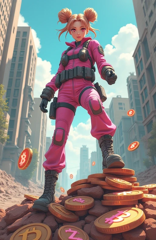 **theme:** Pale pink eyes and twin bun hair、2D illustration of a woman in pink and gray camouflage and survival gear(A character with strength and determination)
**situation:** Vintage futuristic style man climbing powerfully onto a pile of cryptocurrency coins。Her facial expression、It exudes the determination and confidence of someone who has overcome adversity.。
**environment:** The landscape of a ruined city spreads out、Cryptocurrency symbols scattered around。In the distance、Part of the collapsed building can be seen、The girl is surrounded by light.、It highlights her。
**Color:** While based on darker tones,、The light shining around the girl symbolizes hope and rebirth.、Warm, bright colors are used in some areas。Overall、Cool brown and khaki hues、Digital elements feature holographic effects。
The overall illustration style is Japanese anime style for the women.