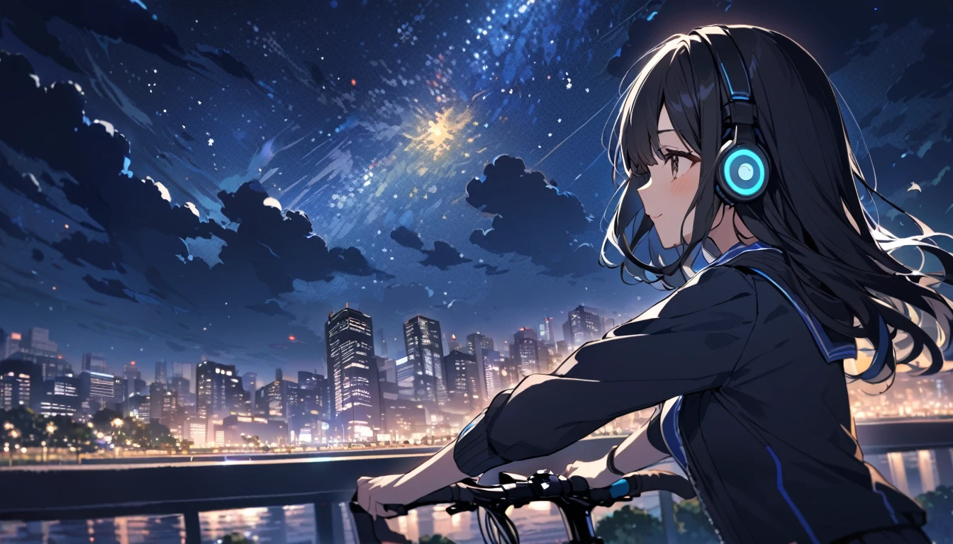 a beautiful young japanese woman with long black hair cycling through a park in tokyo at night, starry night sky, cityscape, listening to music