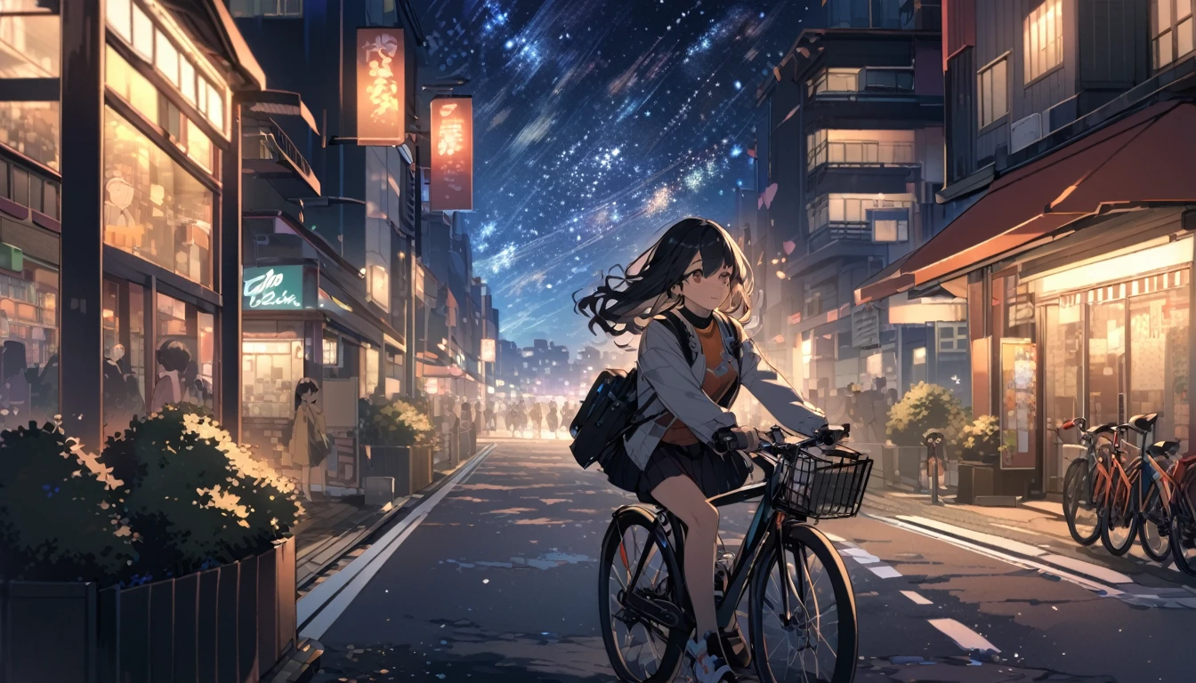 a beautiful young japanese woman with long black hair cycling through a park in tokyo at night, starry night sky, cityscape, listening to music