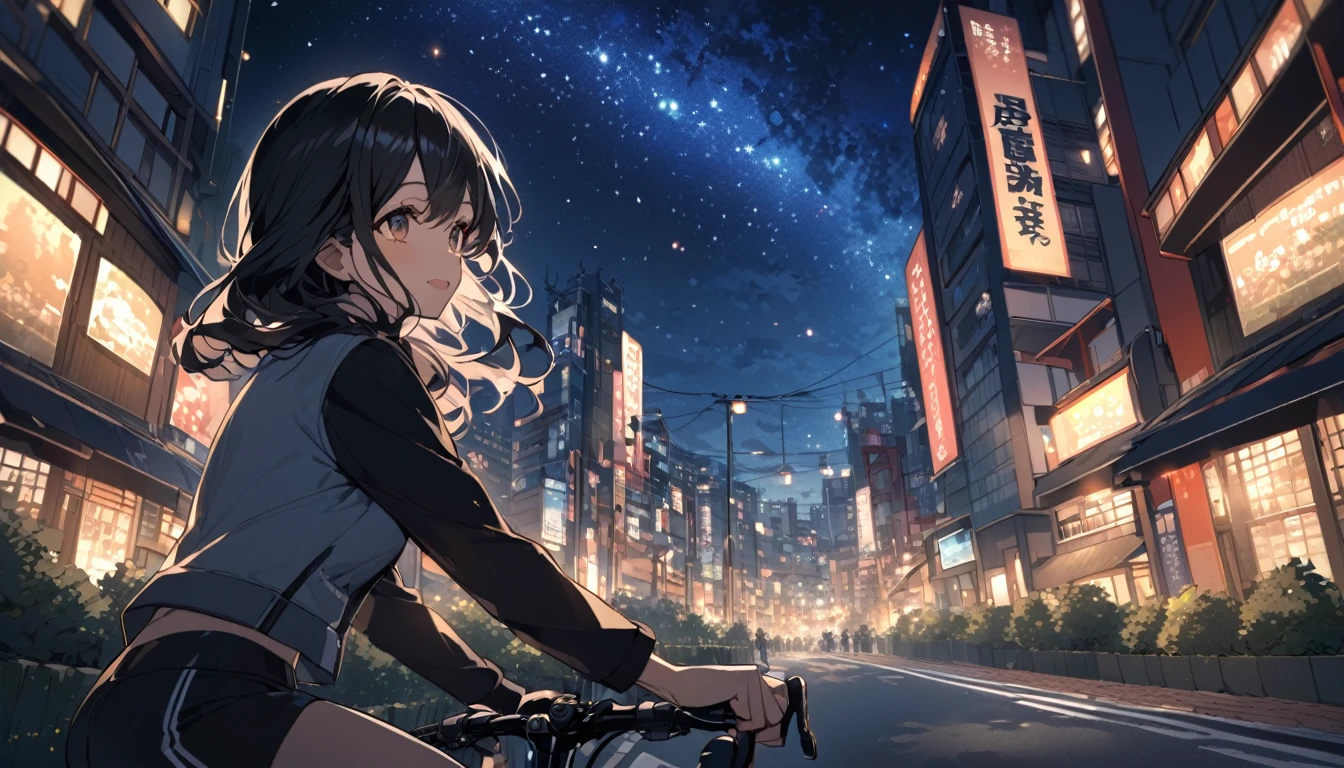 a beautiful young japanese woman with long black hair cycling through a park in tokyo at night, starry night sky, cityscape, listening to music