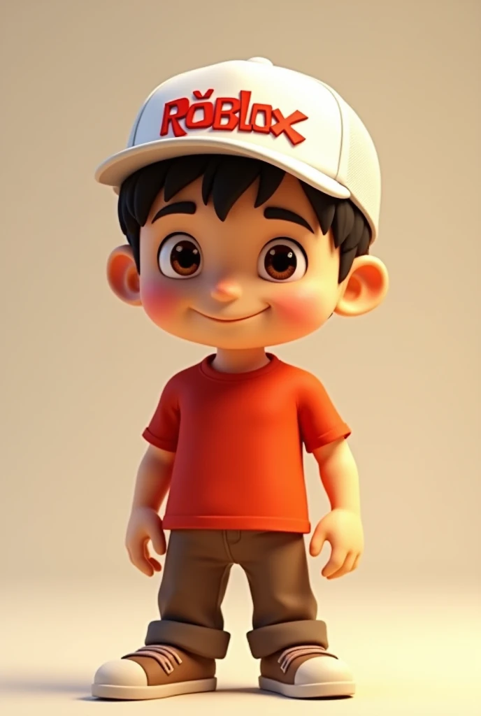 Light yellow skinned boy with a white cap that has the logo of "roblox" and also with a red shirt and brown pants