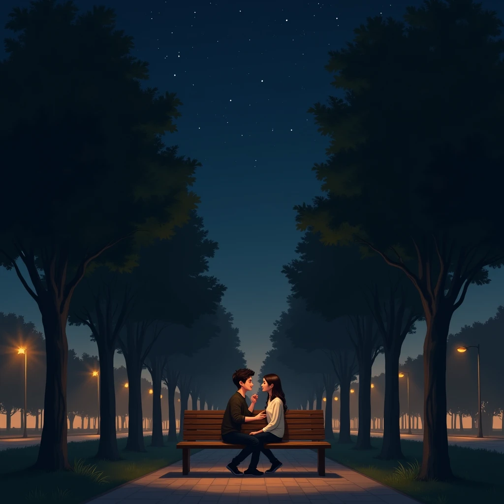 "A calm night scene in a city park. A young man and woman sit on a wooden bench under soft, golden streetlights. The man is gently fixing the woman’s hair with care, his face glowing with affection. The woman sits comfortably, looking peaceful. The dim light reflects softly on their faces, capturing the intimate moment. Surrounding them are tall trees and a quiet pathway, with faint stars visible in the dark sky, adding to the romantic, serene atmosphere."