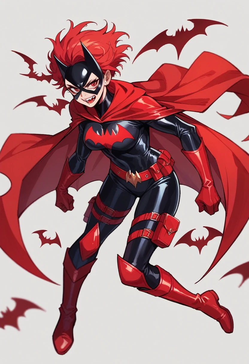 Batwoman superhero, bat mask, black costume, red hair, red bat symbol, red gaunlets, red ultility belt, red cape, red boots