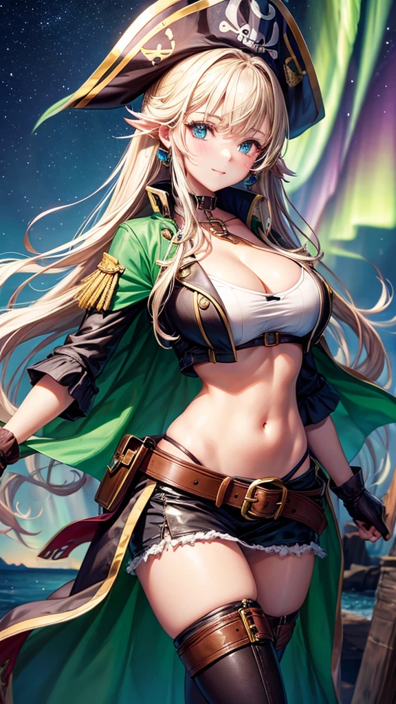beautiful girl, pirate outfit, in a beautiful aurora borealis sky, big boobies, perfect waist