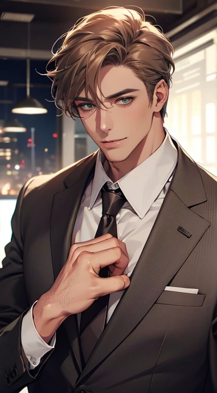 (Highest quality,4K,8K,High resolution,masterpiece:1.2),Super detailed,(Realistic,photoRealistic,photo-Realistic:1.37),1 personld,Mature Men,Beautiful skin、very handsome,Expressionless smile in love,Short gray brown hair,green eyes,Sharp Eyes,A perfect face without a doubt,Businessman, CEO, Office Background,Cinema Lighting,HDR image,tie、