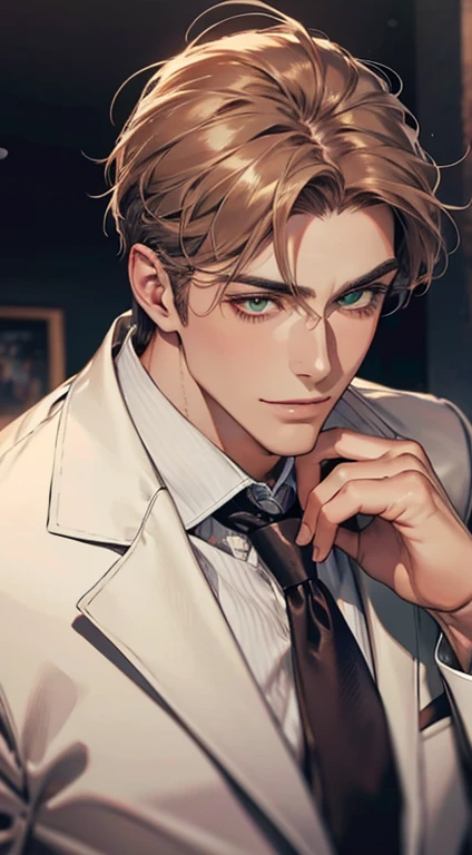 (Highest quality,4K,8K,High resolution,masterpiece:1.2),Super detailed,(Realistic,photoRealistic,photo-Realistic:1.37),1 personld,Mature Men,Beautiful skin、very handsome,Expressionless smile in love,Short gray brown hair,green eyes,Sharp Eyes,A perfect face without a doubt,Businessman, CEO, Office Background,Cinema Lighting,HDR image,tie、