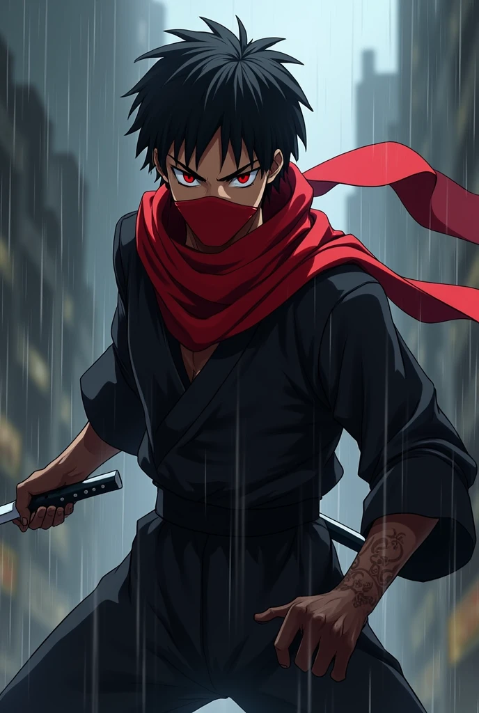 anime character:
A man with brown skin, Bblack hair, Eyes red, short beard.
ninja look with hood, black color with a long red scarf hiding her mouth and nose.
a knife in his hand in attack position rainy weather.