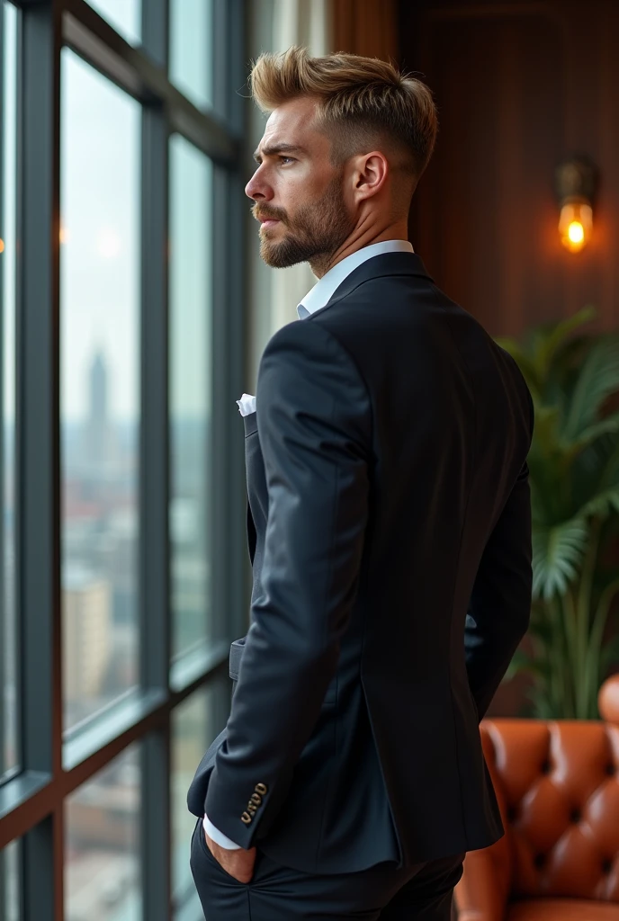 a Russian man, aesthetically beautiful body because you train at the gym, short blonde hair with a slight quiff, with short social beard, wearing a slightly tight suit, millionaire in his office standing looking sideways through the glass of his office