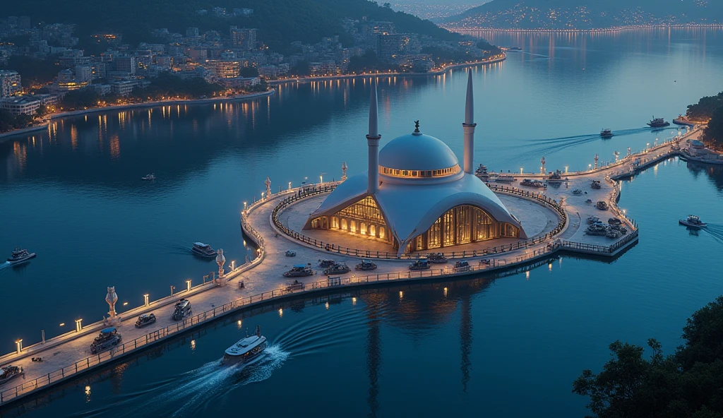 tiny futuristic mosque on the edge of a lake that is used for speedboat traffic, there is a port or speedboat terminal around the mosque, the lake is fenced with concrete so that it is easy for boats to pass around the mosque on a starry night, top view