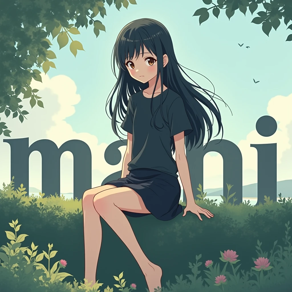 a anime style 16 year girl wearing black tshirt, and black skirt. she has a black hair. and she sitting on the large text "MAHI". And behind nature Background 