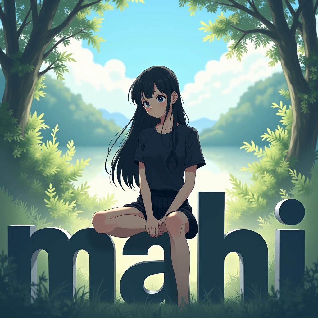 a anime style 16 year girl wearing black tshirt, and black skirt. she has a black hair. and she sitting on the large text "MAHI". And behind nature Background