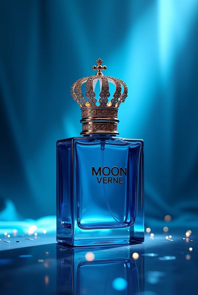 (photorealism:1.2), perfume bottle, brand moon verne, royalty, blue, crown on the cover, rectangle